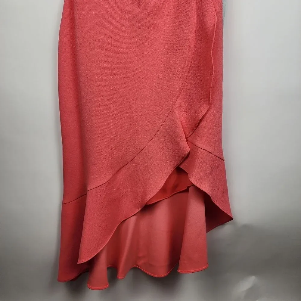 XSCAPE WOMENS 14 Double Strap Crepe Dress Coral HI LOW SLEEVELESS RUFFLE NWT NEW - Picture 5 of 11